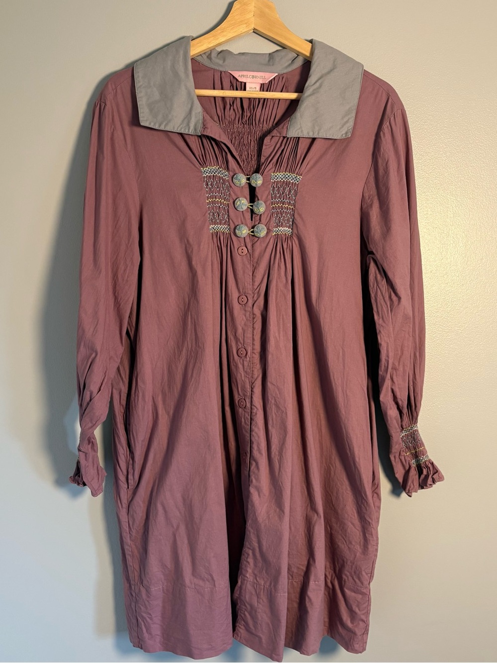 Beautiful April Cornell Mauve embroidered Artist Smock/Shirtdress size XS/S
